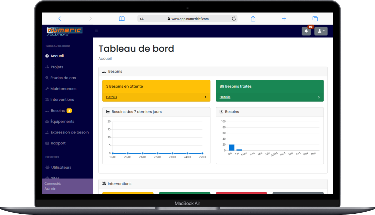 Image de page d'accueil de l'application web de gestion de numeric solutions
