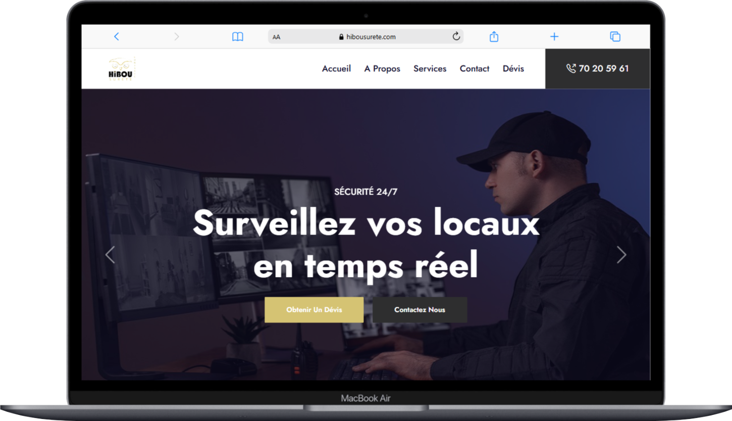Image de la page d'accueil du site web de Hibou Sûreté